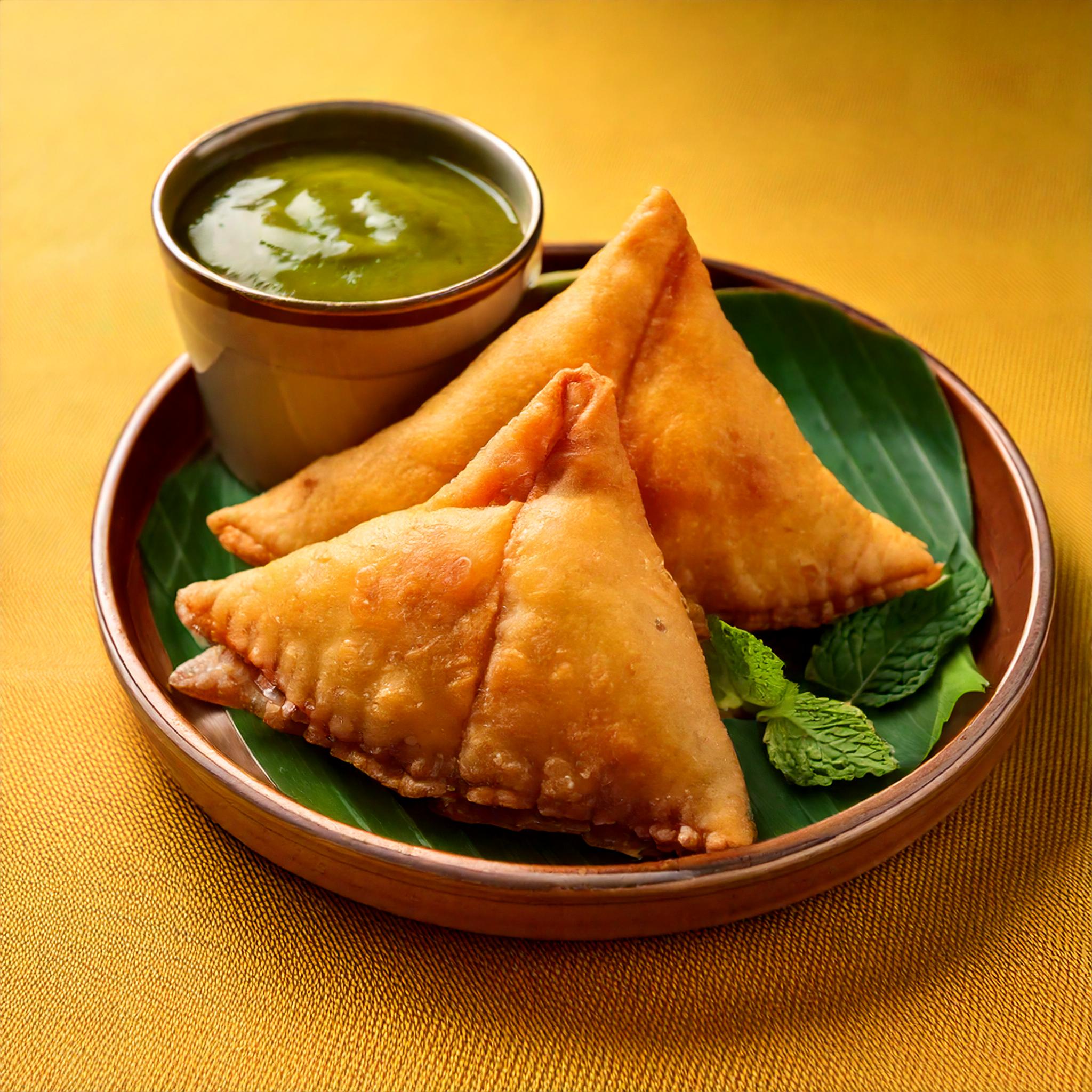 Gyldne sprøde samosaer serveret på bananblad med grøn chutney