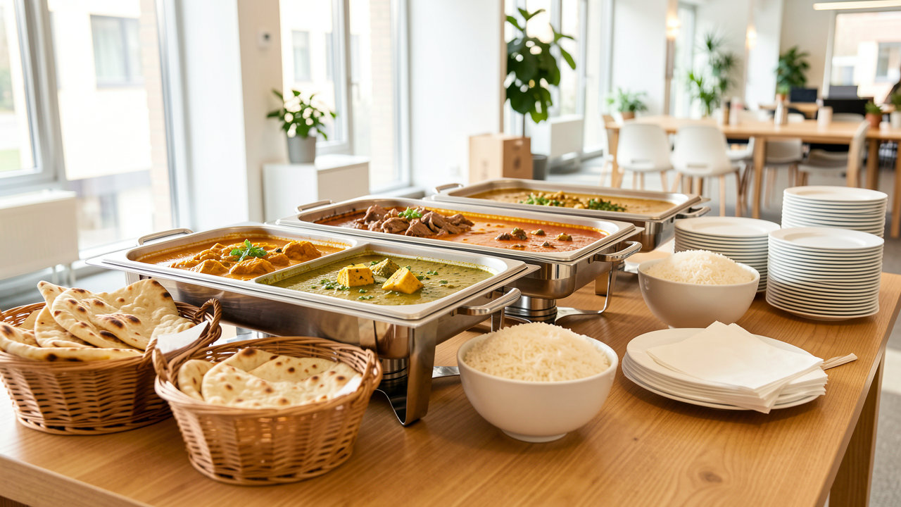 Buffetbord til åbent hus i Kastrup med indisk catering: butter chicken, lamb rogan josh, palak paneer, dal makhani, garlic naan og basmatiris i varmholdebakker