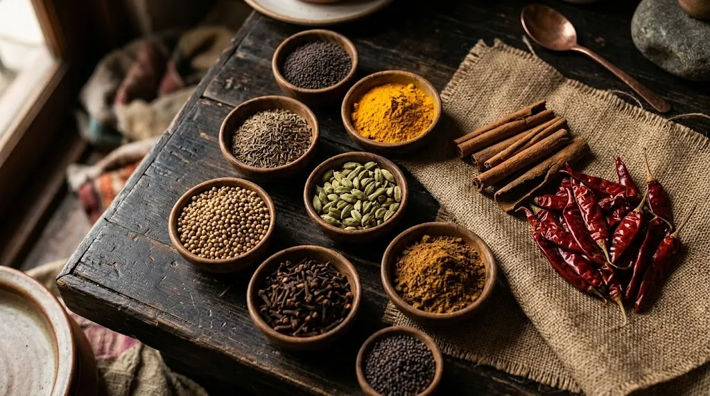 Indiske krydderier i træskåle — gurkemeje, spidskommen, kardemomme og garam masala fra Inder'ns køkken i Kastrup