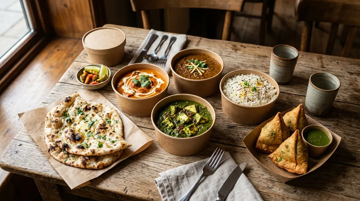 Indisk takeaway-spread fra Inder'n i Kastrup — butter chicken, dal makhani, naan og basmati ris i takeaway-bokse på et træbord