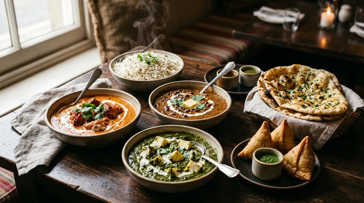 Indisk familiemiddag med butter chicken, daal makhani, palak, basmati ris og garlic naan fra Inder'n i Kastrup