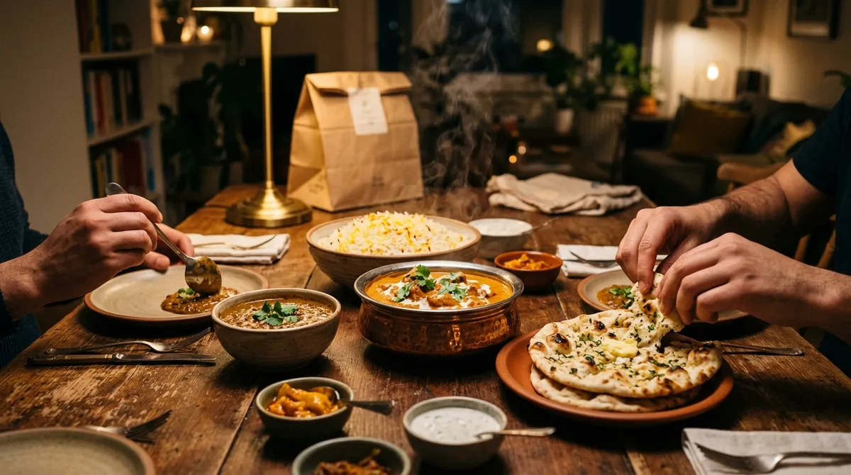 Søndagsmad fra Inder'n i Kastrup: butter chicken, garlic naan, basmati ris og dal makhani på et trædæk bord