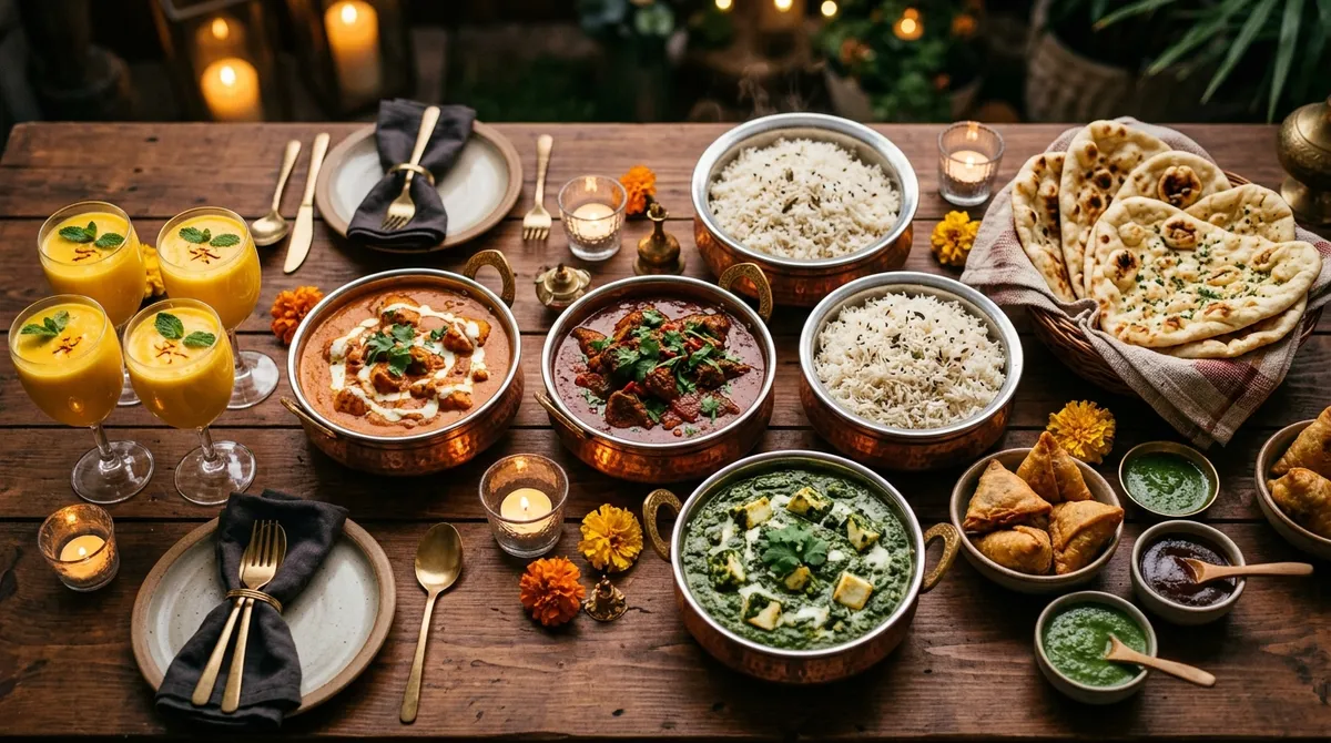 Indisk selskabsmad fra Inder'n i Kastrup — buffet med butter chicken, lamb rogan josh, palak paneer, naan og samosa til privat fest