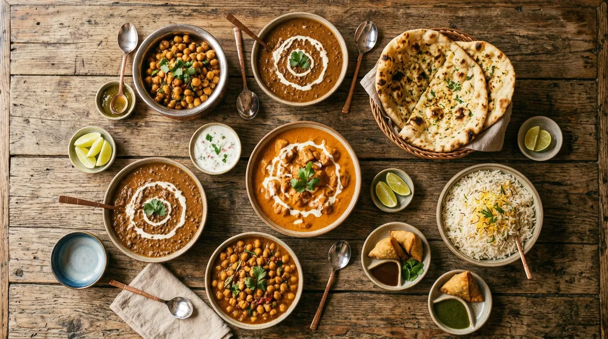 Indisk buffet med butter chicken, daal makhani, naan og basmati ris serveret til selskab i Kastrup på Amager