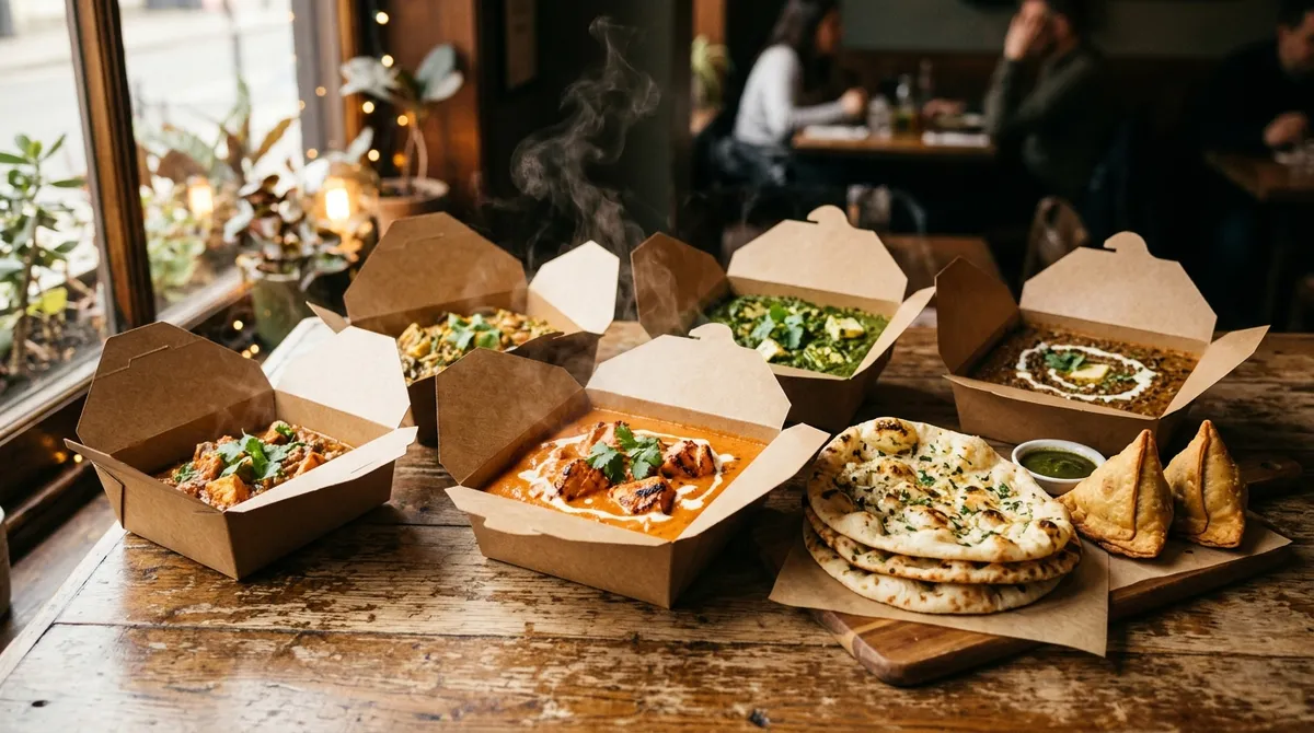 Indisk mad ud af huset i Kastrup — butter chicken, palak, dal makhani, naan og samosa pakket i takeawaybokse hos Inder'n