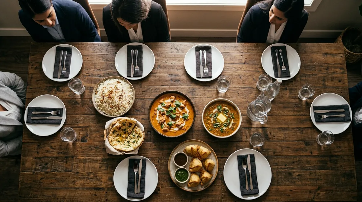 Indisk mødemad fra Inder'n i Kastrup serveret som buffet til et firmamøde med butter chicken, dal, ris og naan.