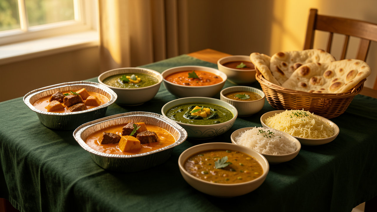 Fredag aften ved et spisebord i Kastrup med indisk takeaway: butter chicken, lamb rogan josh, palak paneer, dal makhani, basmatiris og naan