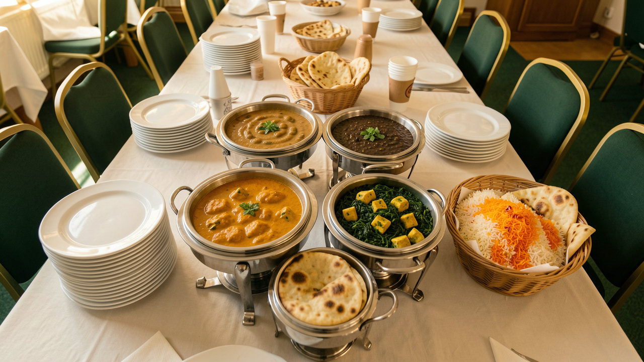 Langt mødebord med indisk buffet til en generalforsamling: butter chicken, dal, palak paneer, basmatiris og friskbagt naan