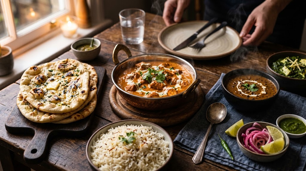 Indisk aftensmad i Kastrup — butter chicken, naan, basmati ris og dal serveret på et træbord, klar som takeaway fra Inder'n