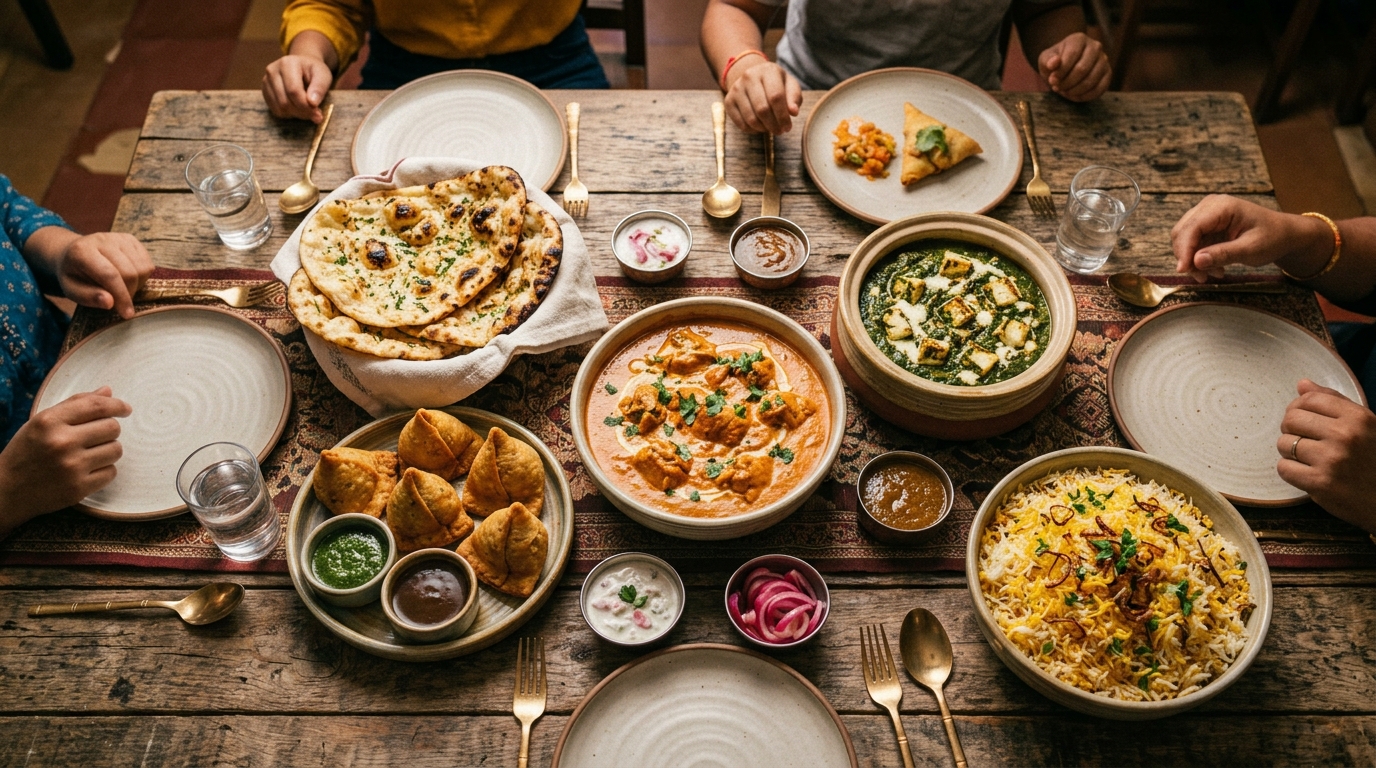 Barnedåb catering i Kastrup — indisk buffet med butter chicken, palak, naan og samosa serveret i fade på et træbord til dåben