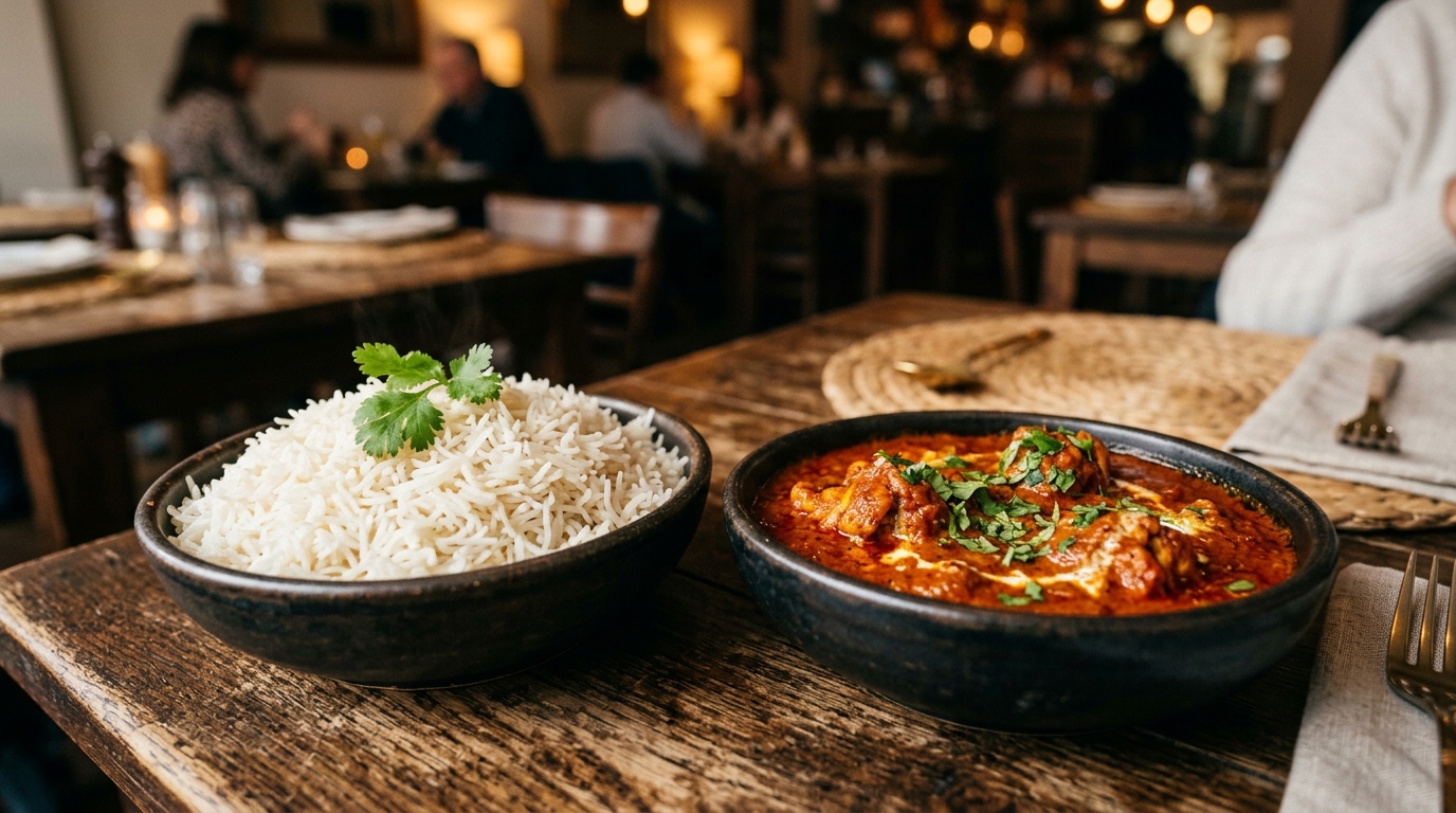 Basmati rice with Indian curry — takeaway from Inder'n in Kastrup