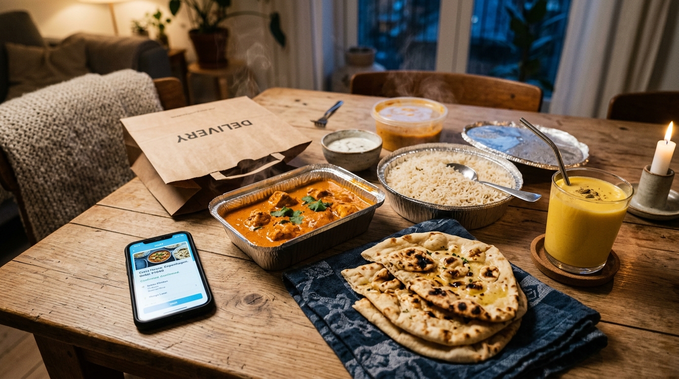 Indisk takeaway fra Inder'n i Kastrup pakket ud på et bord — butter chicken, naan, basmati ris og mango lassi