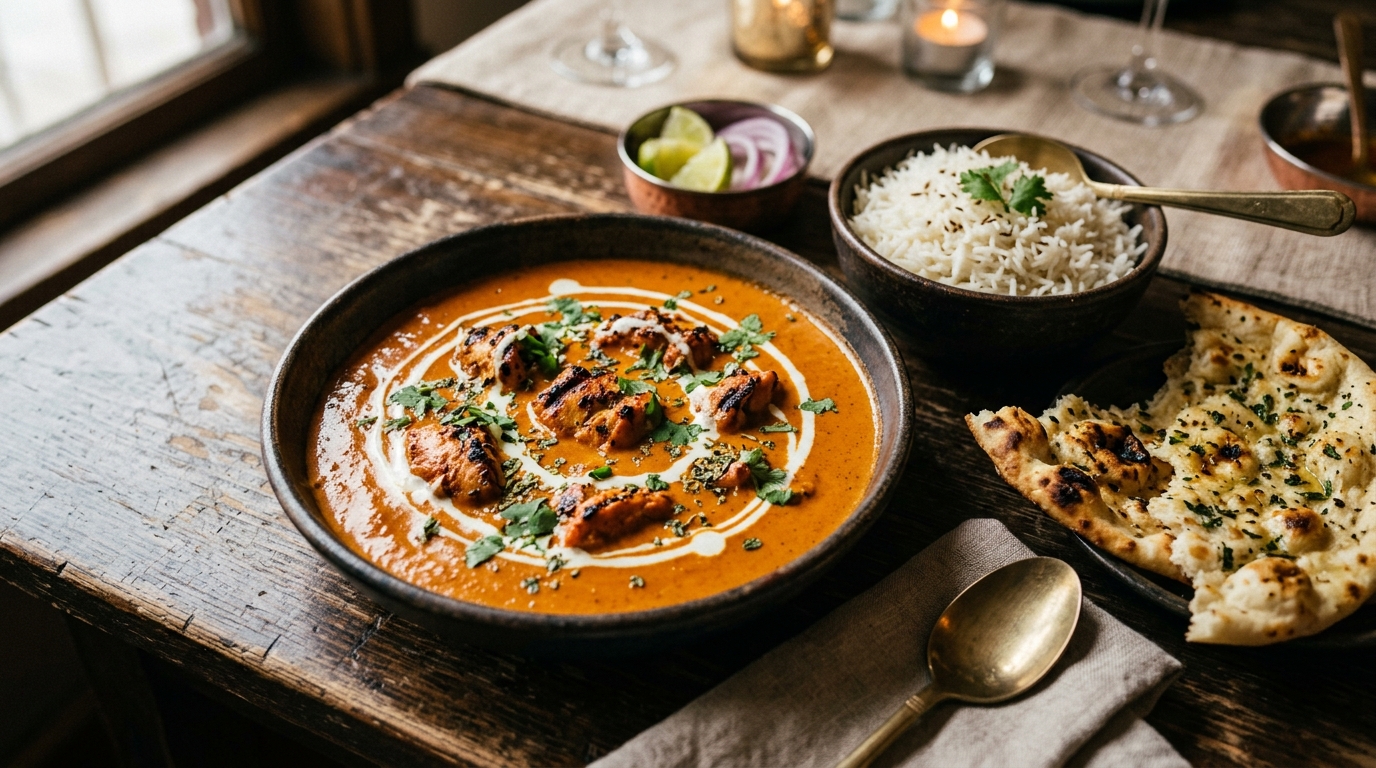 Butter Chicken from Inder'n in Kastrup — tandoor-grilled chicken in a creamy tomato-butter sauce with garlic naan and basmati rice on a wooden table