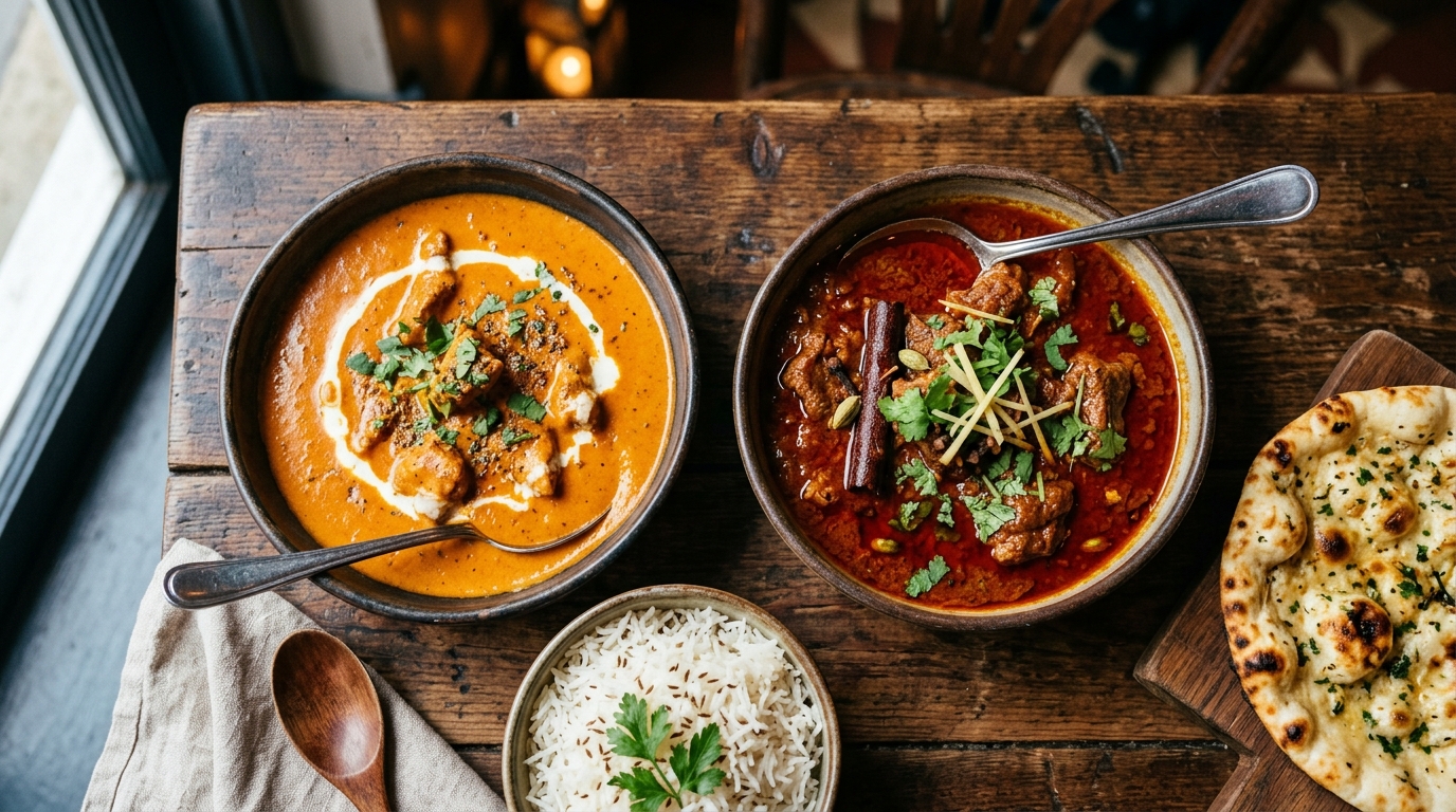 Two bowls of lamb curry on a wooden table, creamy Butter Lamb and deep red Lamb Rogan Josh, with basmati rice and garlic naan, from Inder'n takeaway in Kastrup
