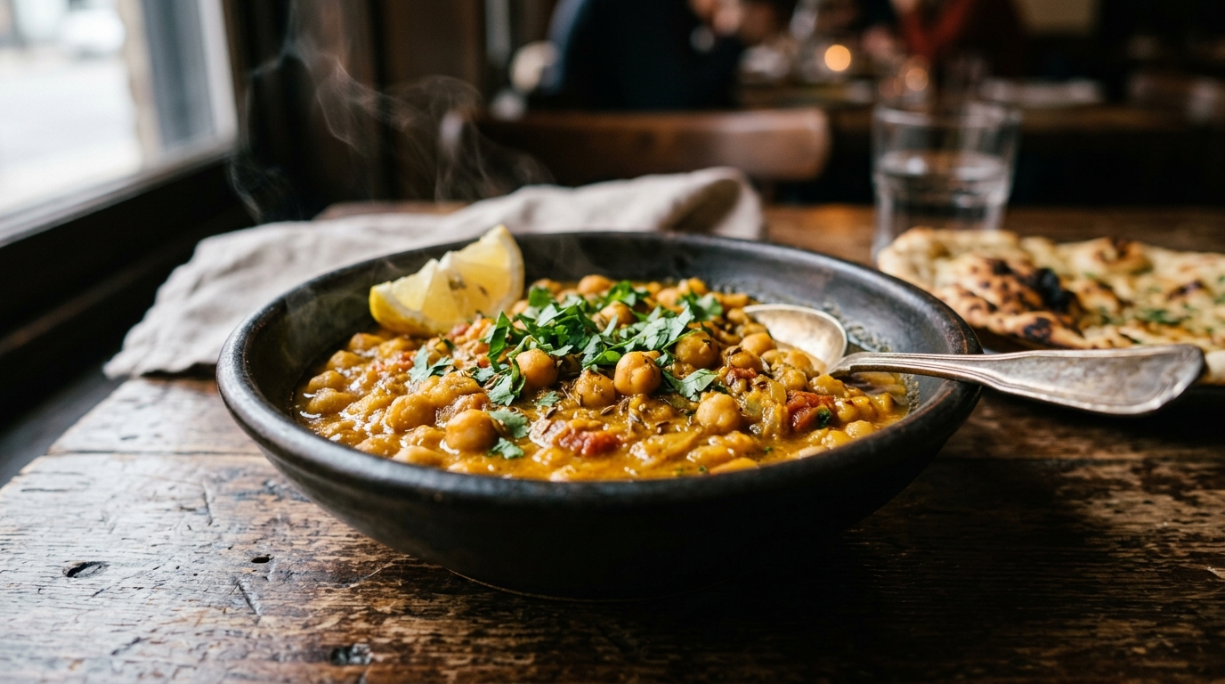 Chana masala — spiced chickpea curry in a dark bowl, garnished with cilantro, served at Inder'n in Kastrup near Copenhagen Airport