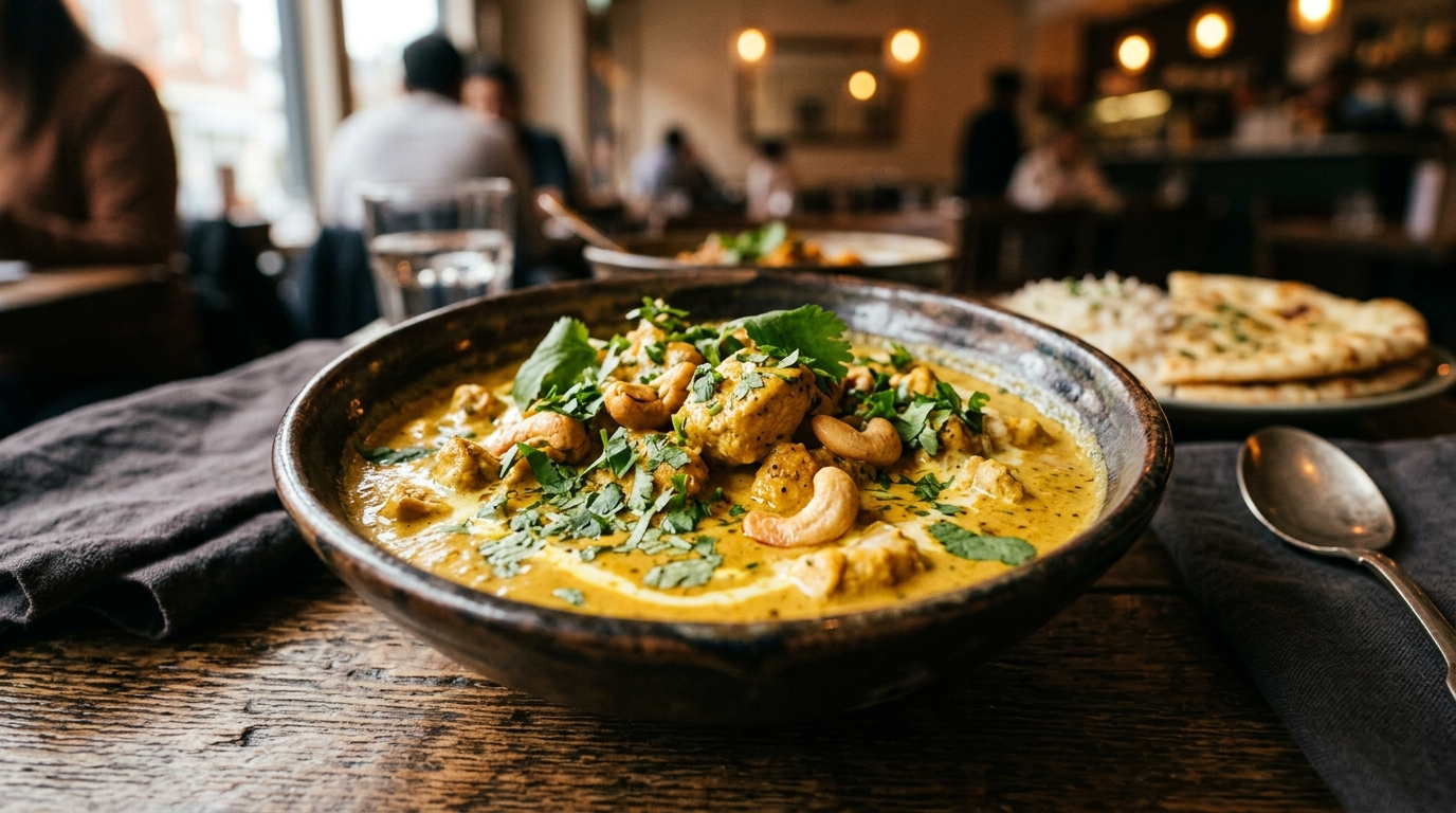 Cremet chicken korma i en skål med cashewnødder og koriander — takeaway fra Inder'n i Kastrup