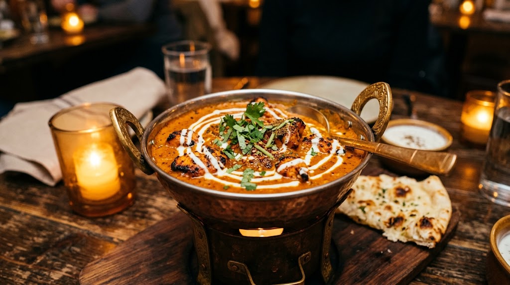 Chicken tikka masala i kobberkarahi med vibrant orangerød sauce, friskmalet koriander og flødeswirl — takeaway fra Inder'n i Kastrup