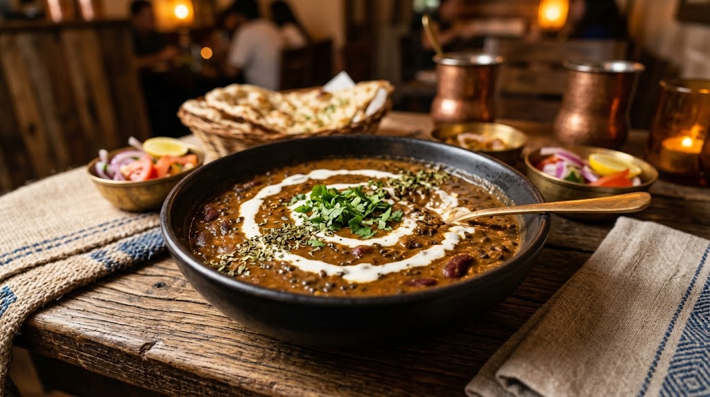 Bowl of Dal Makhani with cream swirl and coriander garnish, served at Inder'n Indian takeaway in Kastrup near Copenhagen Airport