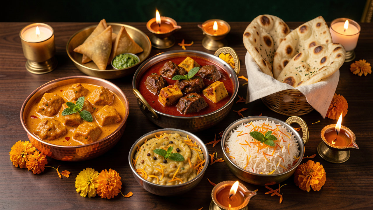 Diwali catering spread from Inder'n in Kastrup: butter chicken, lamb rogan josh, dal makhani, saffron basmati rice, garlic naan and vegetable samosas beside brass diya lamps and marigold petals