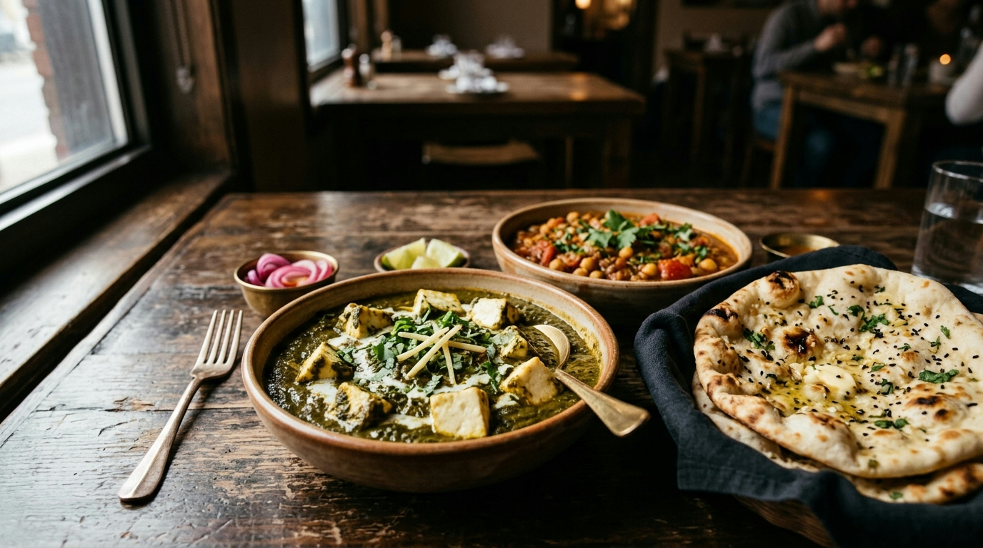 Skål med cremet palak paneer og kikærtekarry — sund indisk mad fra Inder'n i Kastrup