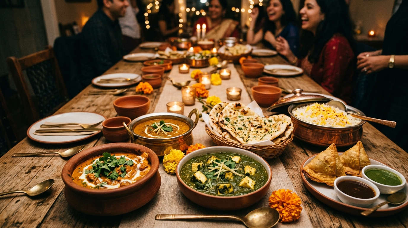 Indisk fødselsdag catering buffet med butter chicken, palak paneer, naan og samosa leveret varm fra Inder'n i Kastrup