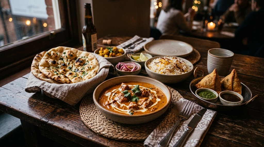 Indisk fredagsmad fra Inder'n i Kastrup — butter chicken, naan, basmati ris og samosa på et trækøkkenbord