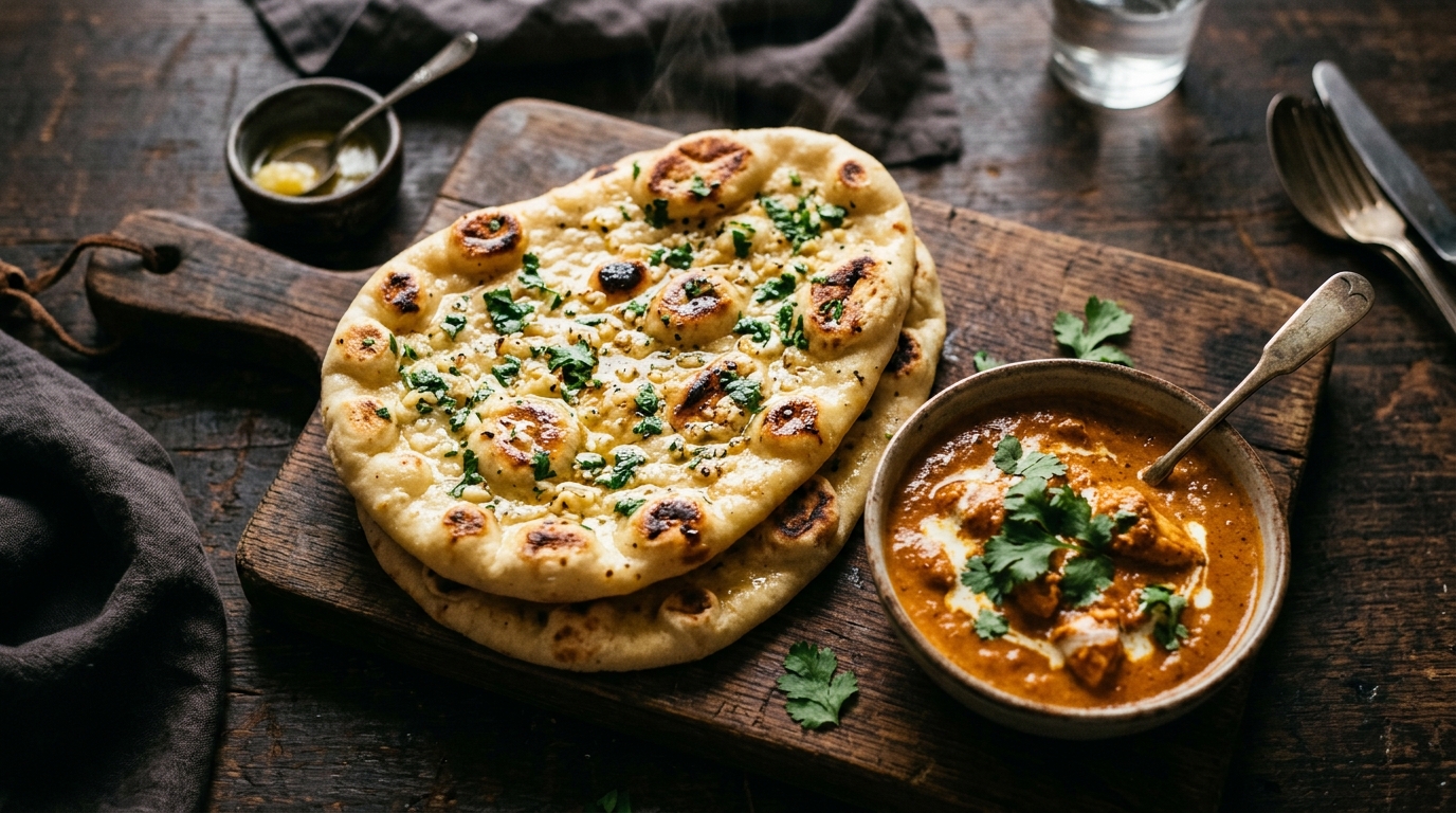 Freshly baked garlic naan with butter and cilantro, served with butter chicken curry at Inder'n in Kastrup