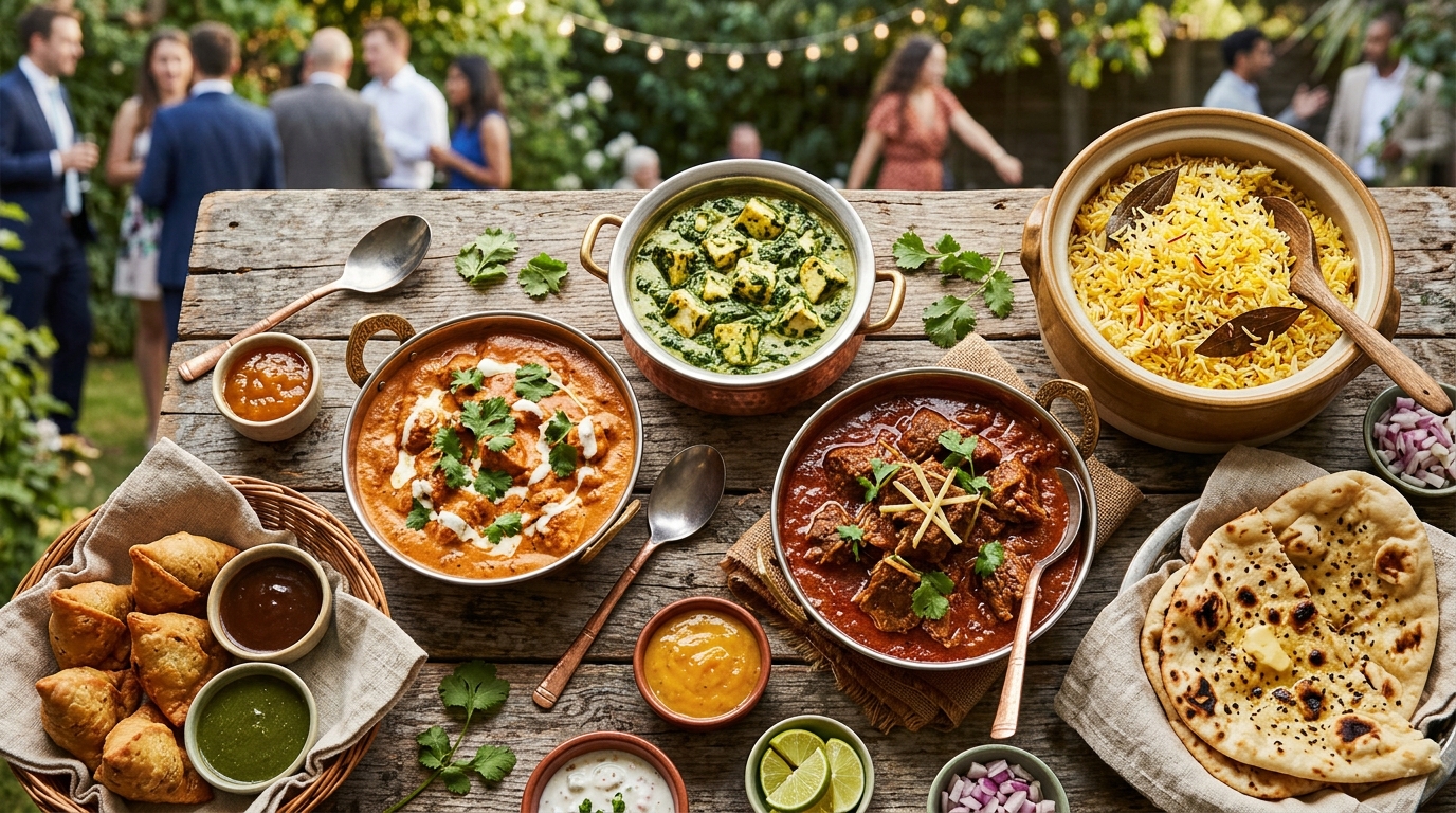 Indisk havefest catering i Kastrup — buffet med butter chicken, palak, naan og samosa serveret udendørs på et træbord