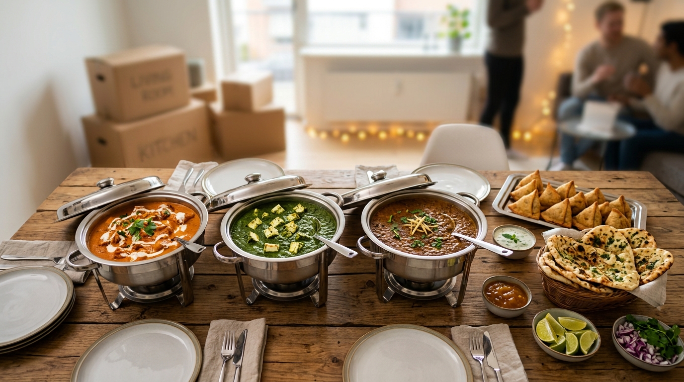 Indian housewarming catering buffet from Inder'n in Kastrup — butter chicken, palak paneer, dal makhani and naan set out on a table with moving boxes in the background