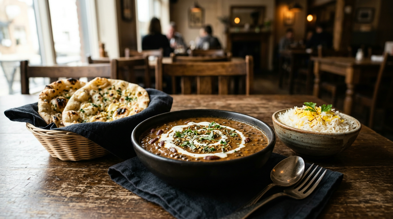 Skål med cremet Daal Makhani, garlic naan og basmatiris fra Inder'n, indisk takeaway på Sirgræsvej i Kastrup