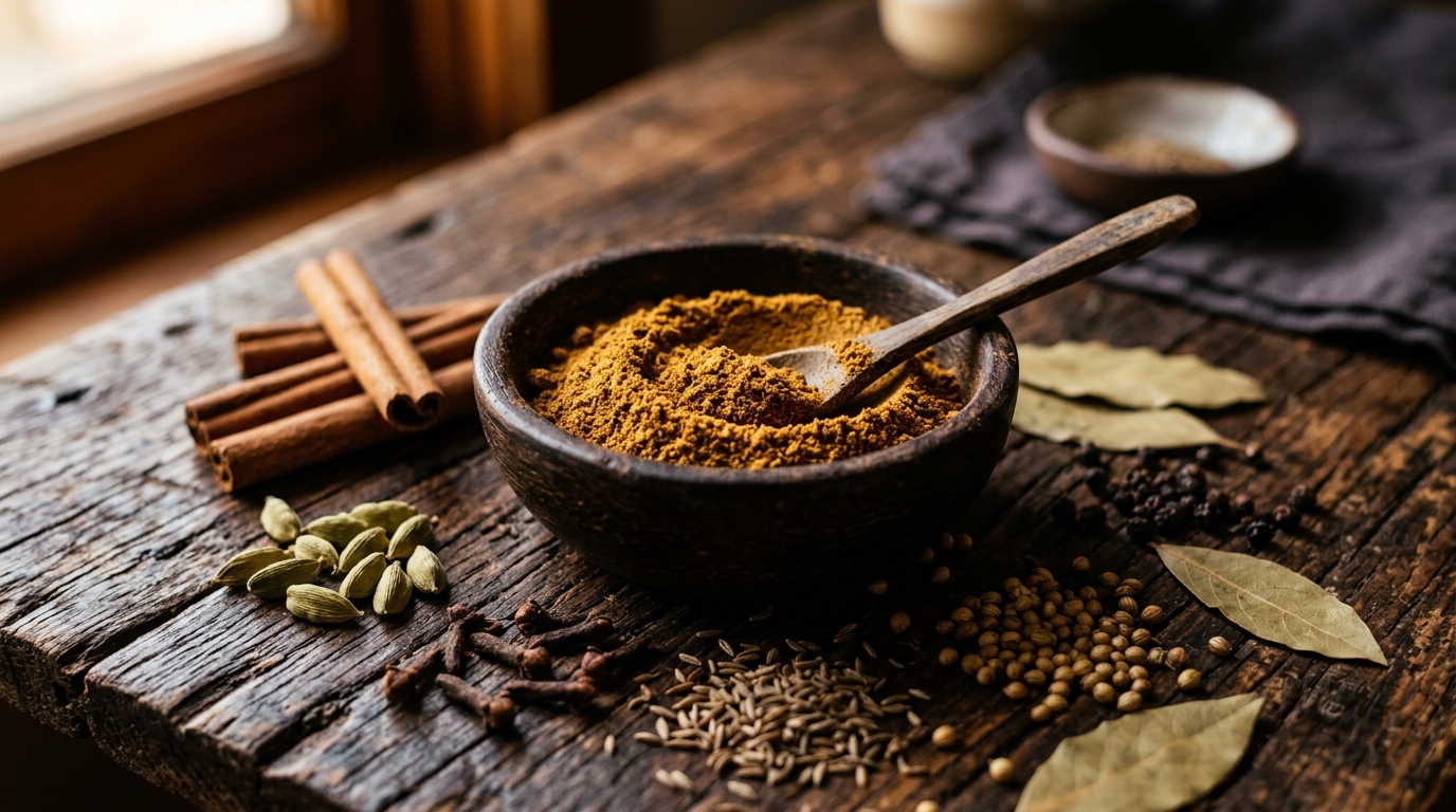 Garam masala krydderiblanding med kanel, kardemomme og spidskommen — krydderierne bag indisk mad hos Inder'n i Kastrup
