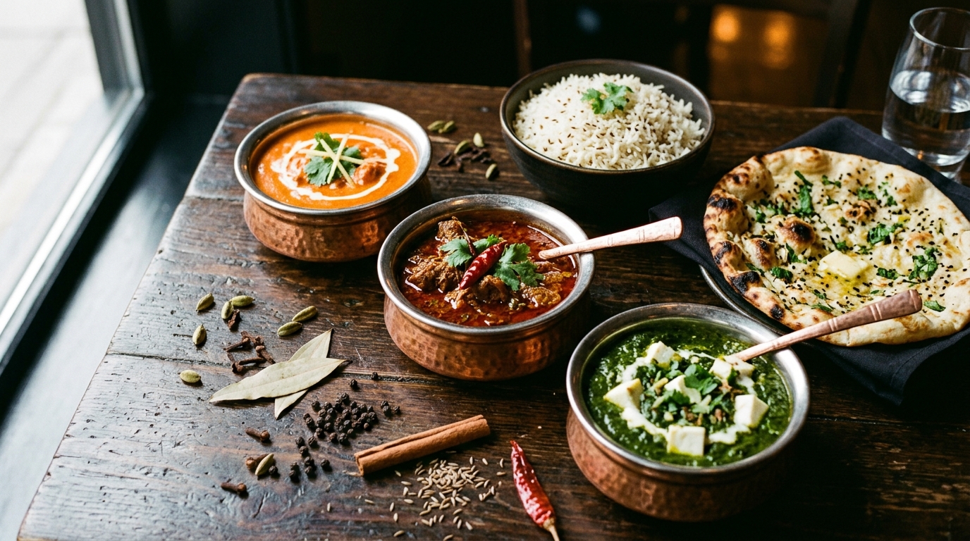 Tre nordindiske karryretter i kobberskåle med basmatiris og naan, serveret som takeaway fra Inder'n i Kastrup
