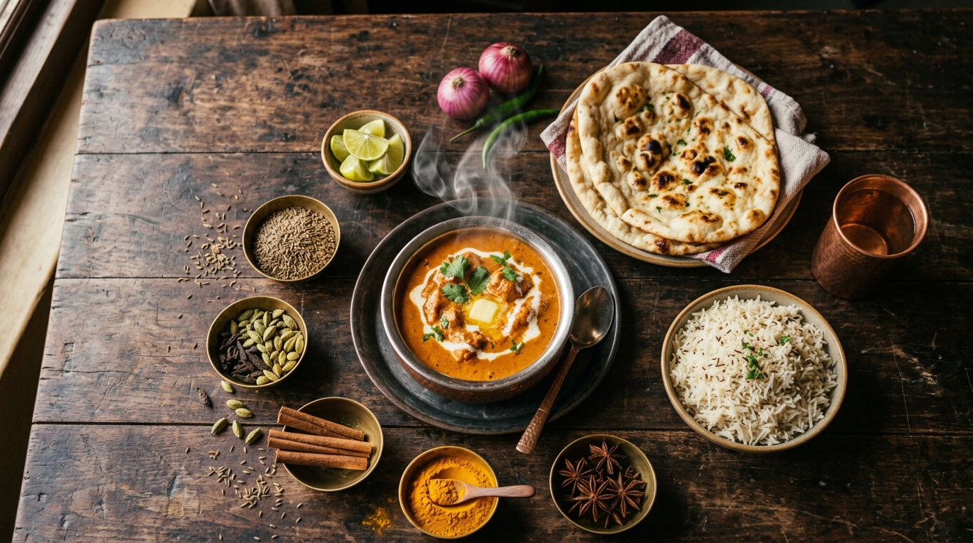 Traditionelt nordindisk måltid med butter chicken, naan, ris og hele krydderier på et træbord — historien bag maden hos Inder'n i Kastrup