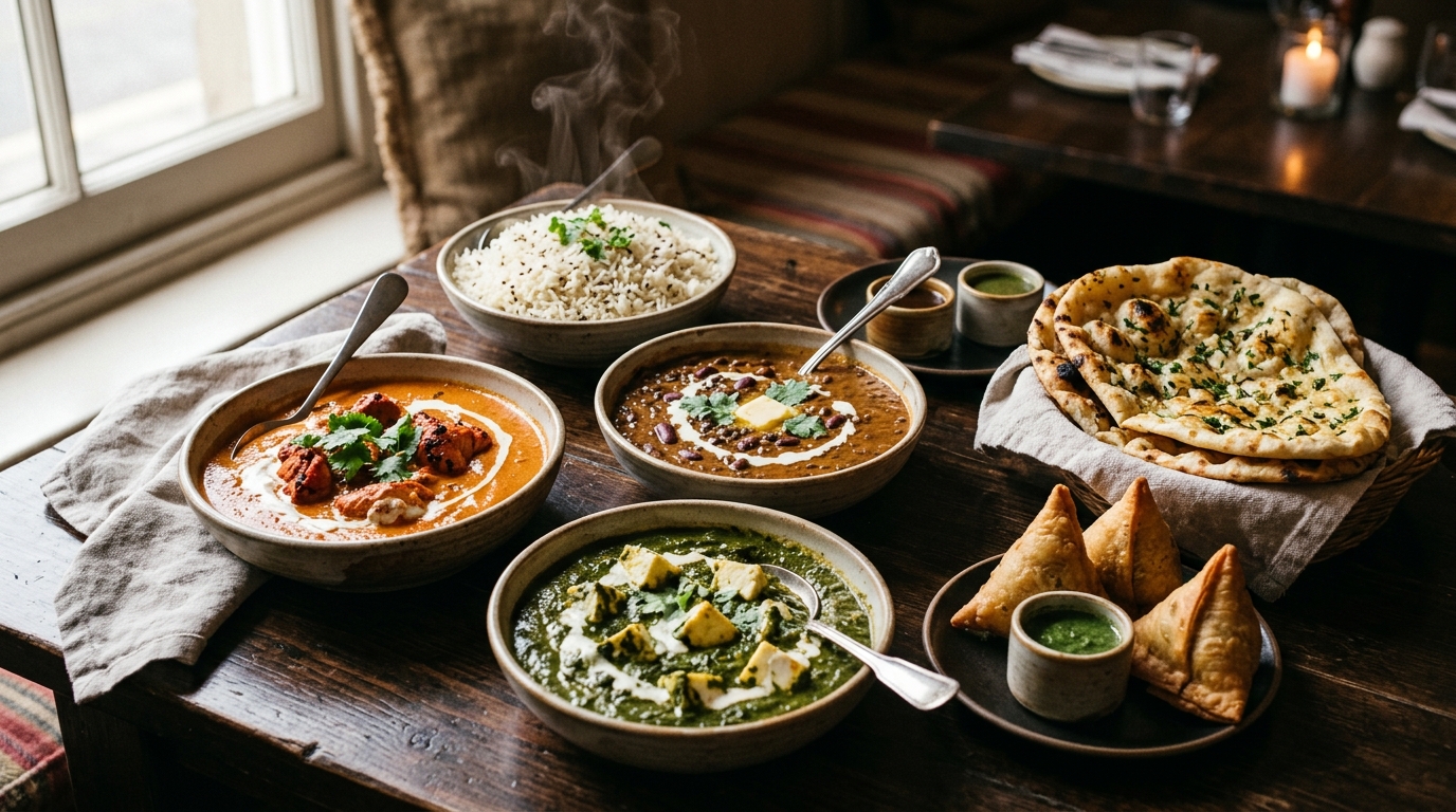 Indisk familiemiddag med butter chicken, daal makhani, palak, basmati ris og garlic naan fra Inder'n i Kastrup