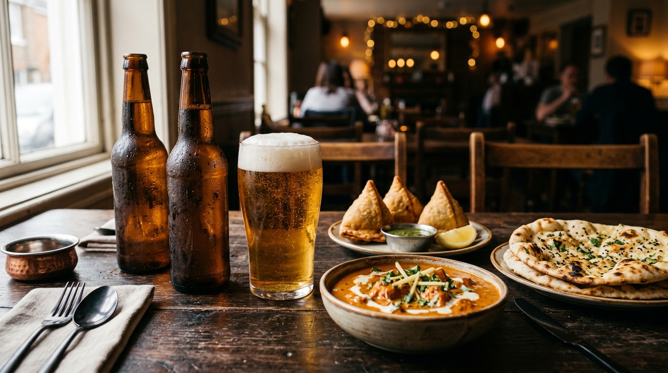 Two cold amber lager bottles and a poured glass of beer next to a bowl of butter chicken curry, samosas and naan on a wooden table, Indian takeaway from Inder'n in Kastrup