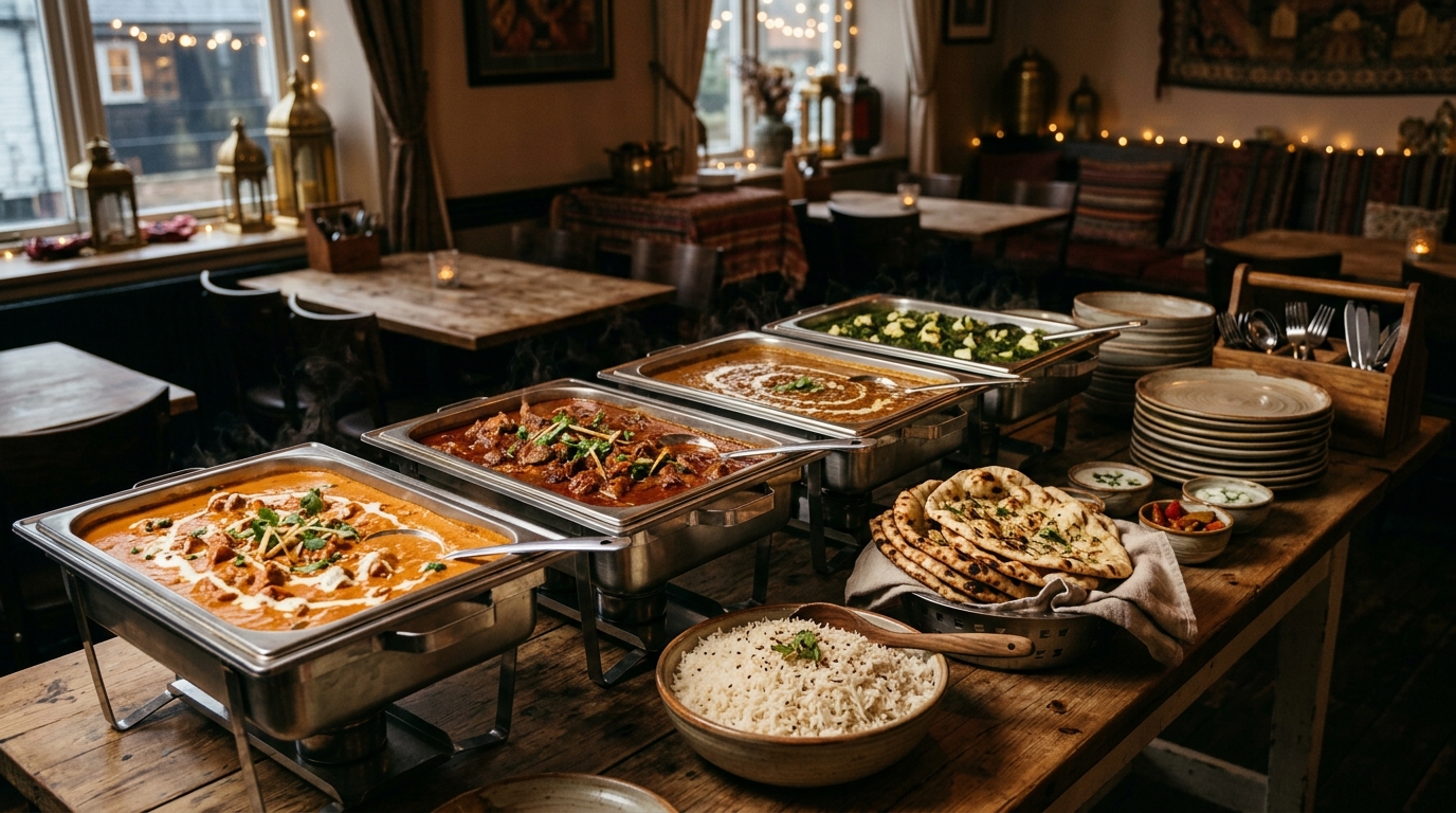 Indian catering buffet for a club dinner in Tårnby — butter chicken, lamb rogan josh, dal makhani, rice and naan on a long wooden table