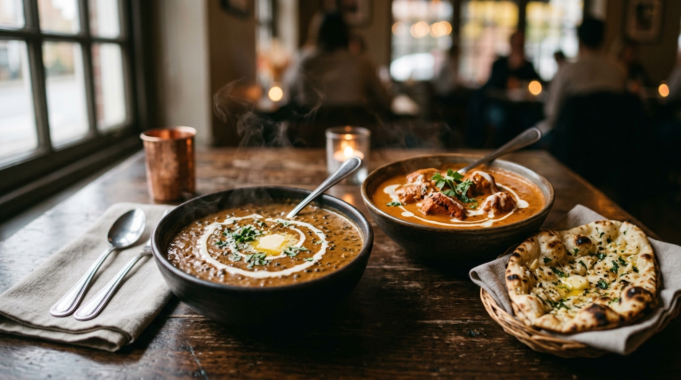 Bowls of daal makhani and butter chicken with garlic naan on a wooden table, Indian comfort food from Inder'n in Kastrup