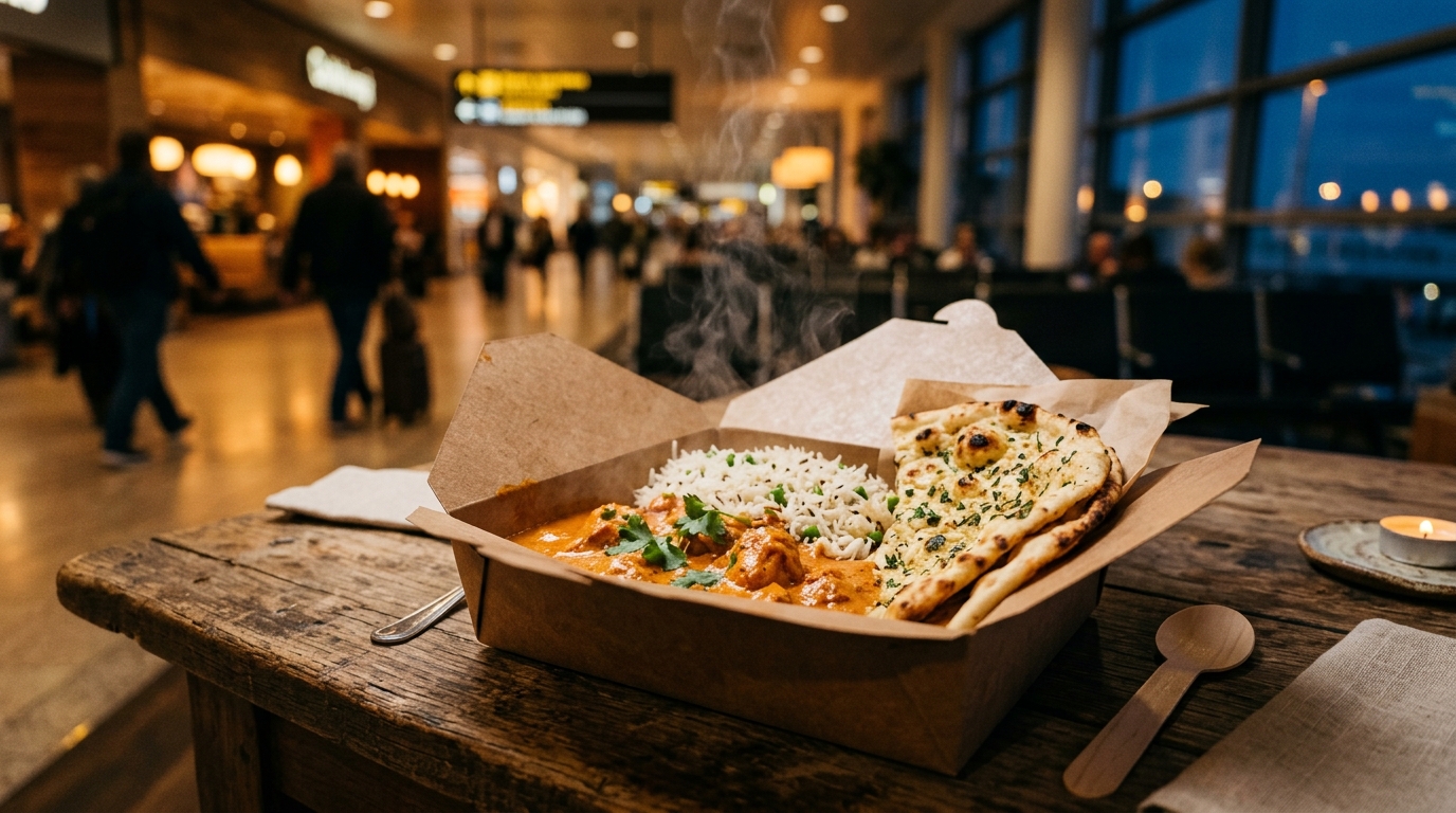 Hot Indian takeaway dinner with butter chicken, rice and naan, packed for pickup near Copenhagen Airport in Kastrup
