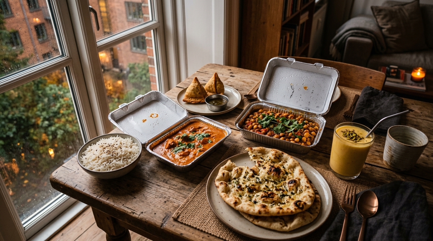 Indian takeaway dinner from Inder'n in Kastrup — butter chicken, chana masala, garlic naan, basmati rice, samosas and mango lassi on a table in an Amagerbro apartment