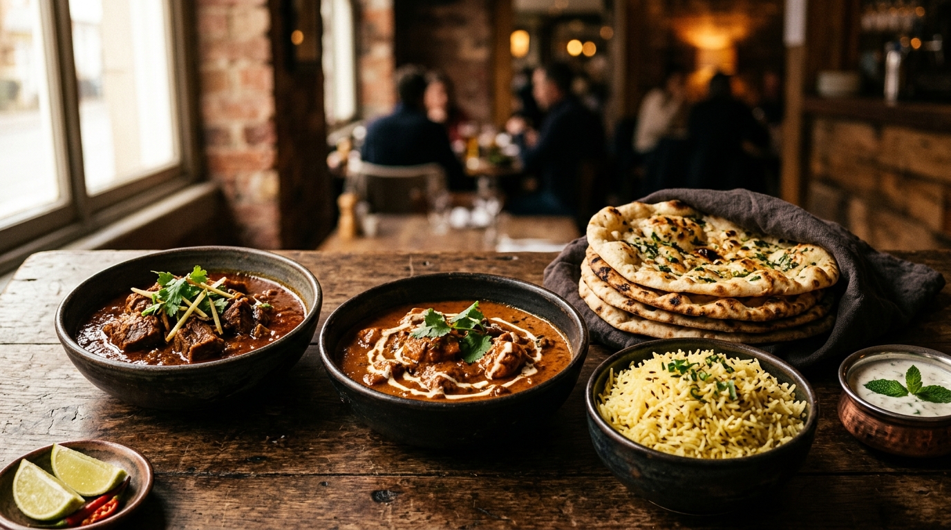 Indian takeaway feast with butter chicken, basmati rice, naan and lamb rogan josh from Inder'n in Kastrup, near Copenhagen Airport