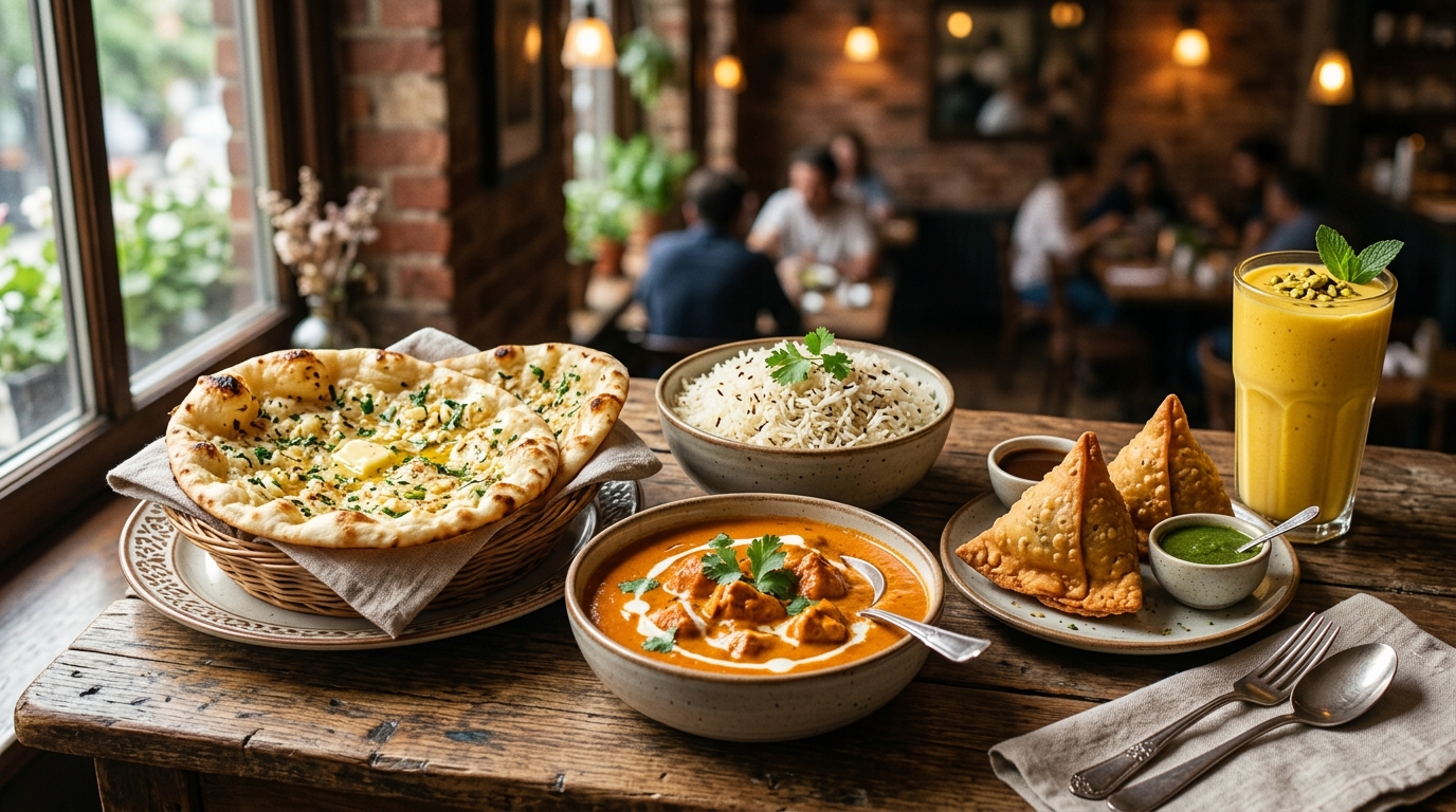 Beginner-friendly Indian takeaway spread with butter chicken, garlic naan, basmati rice, samosas and mango lassi from Inder'n in Kastrup