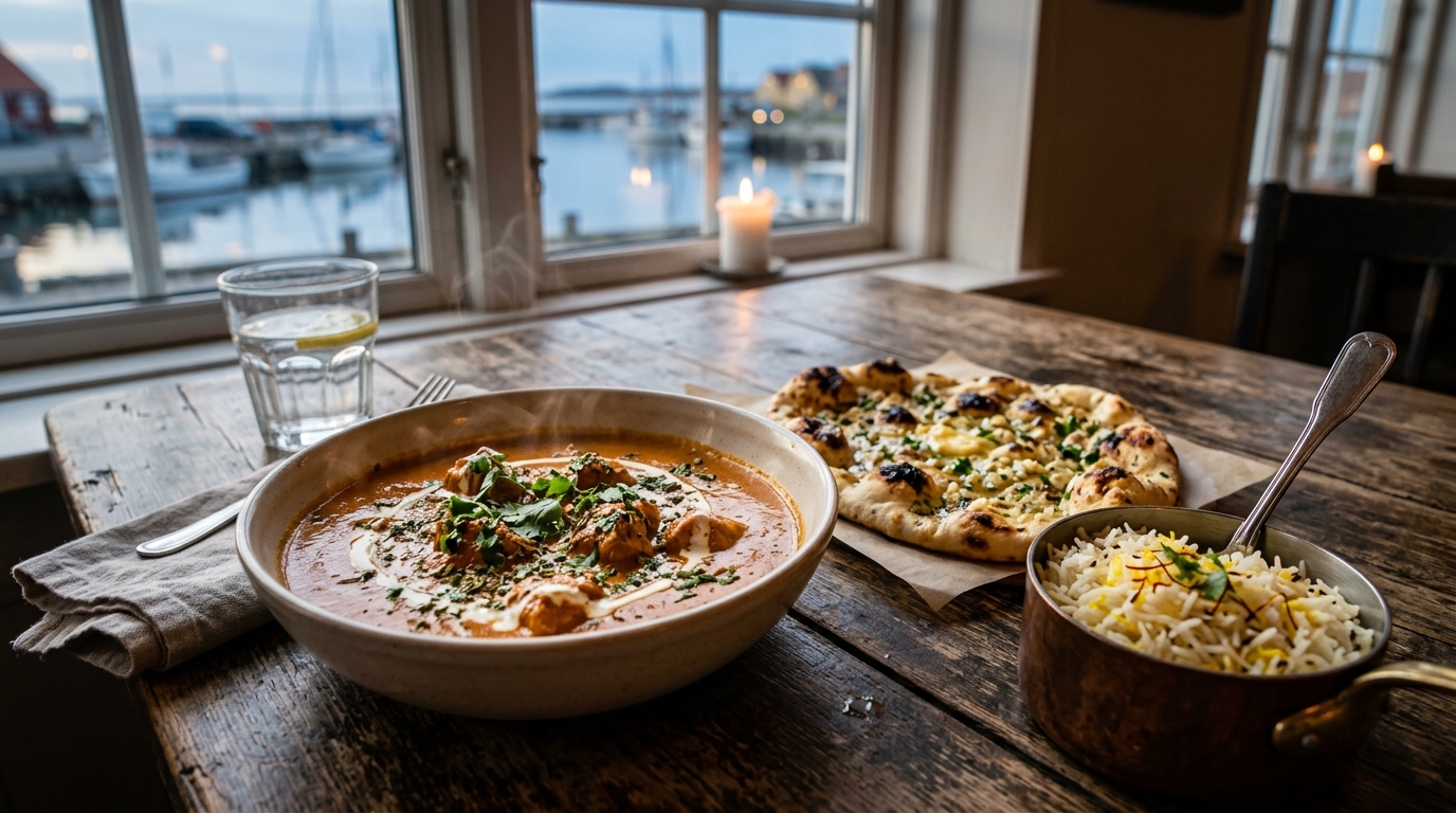 Butter chicken curry with garlic naan and basmati rice on a wooden table at golden hour — Indian takeaway from Inder'n near Kastrup Havn