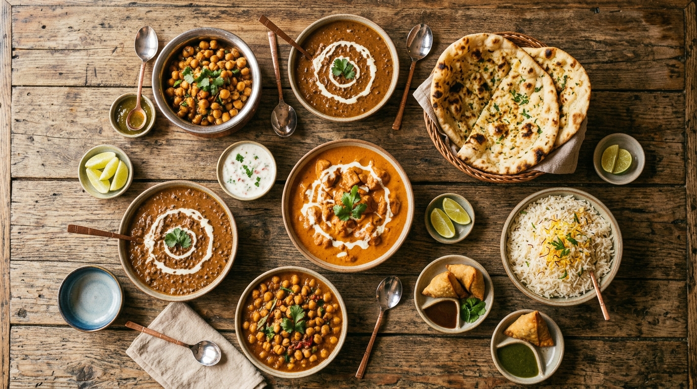 Indisk buffet med butter chicken, daal makhani, naan og basmati ris serveret til selskab i Kastrup på Amager