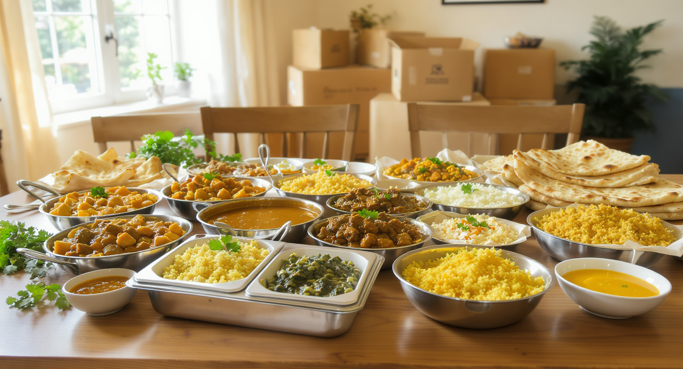 Nordindisk cateringbuffet med butter chicken, palak paneer, dal og naan klar til indflytningsfest i Kastrup