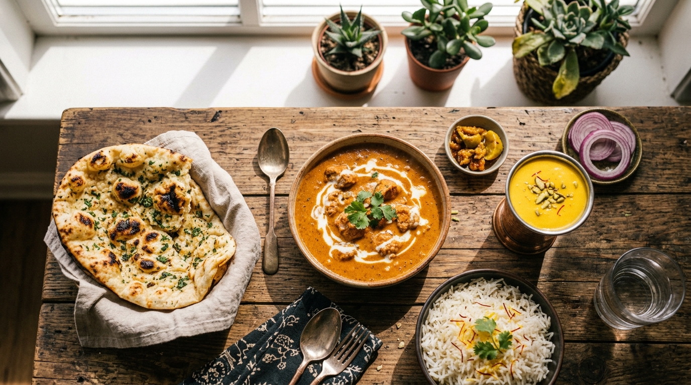 Nordindisk takeaway med butter chicken, naan og ris fra Inder'n i Kastrup, tæt på Amager Strand