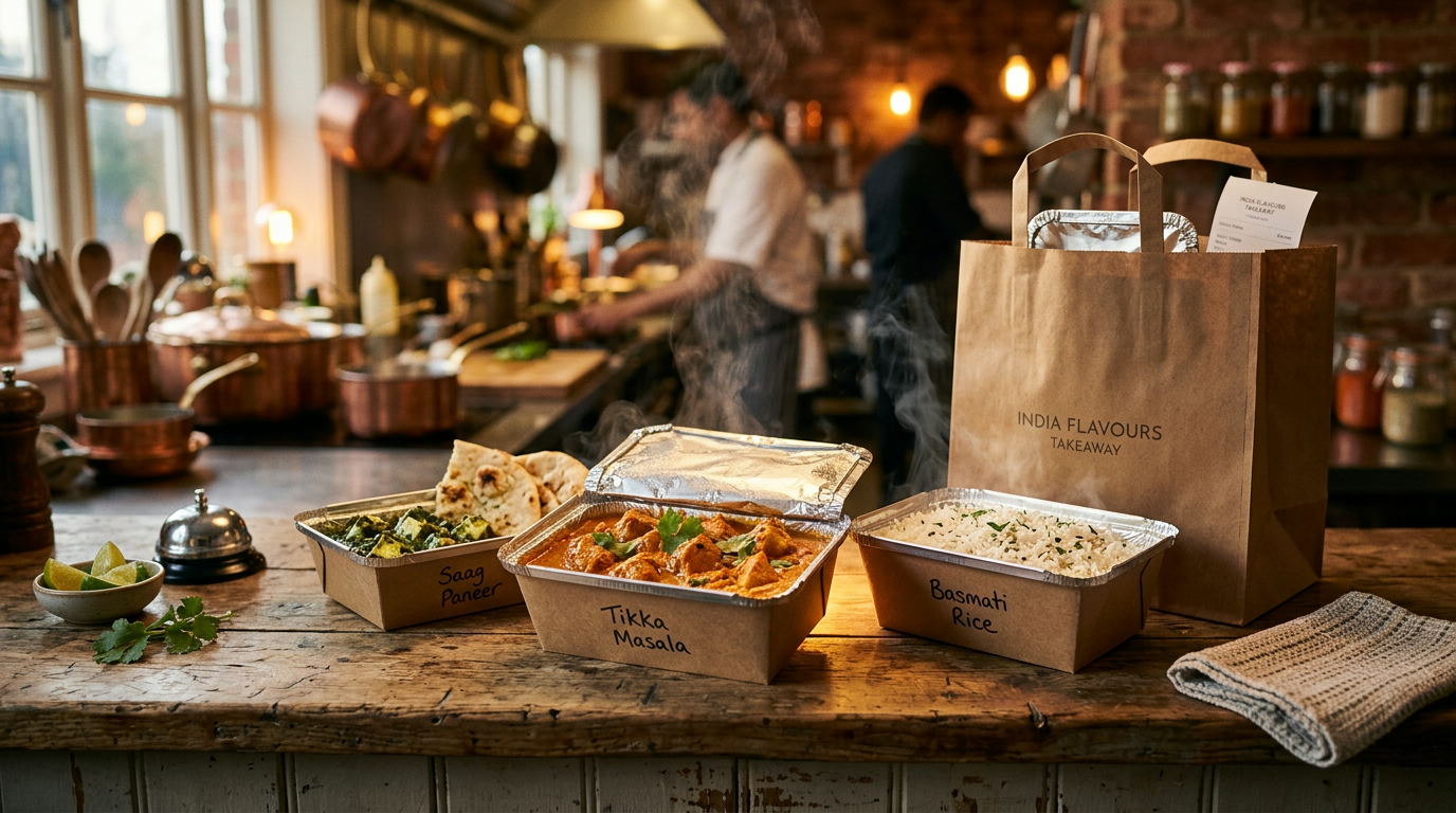Indisk takeaway mad pakket klar til afhentning og levering nær Kastrup