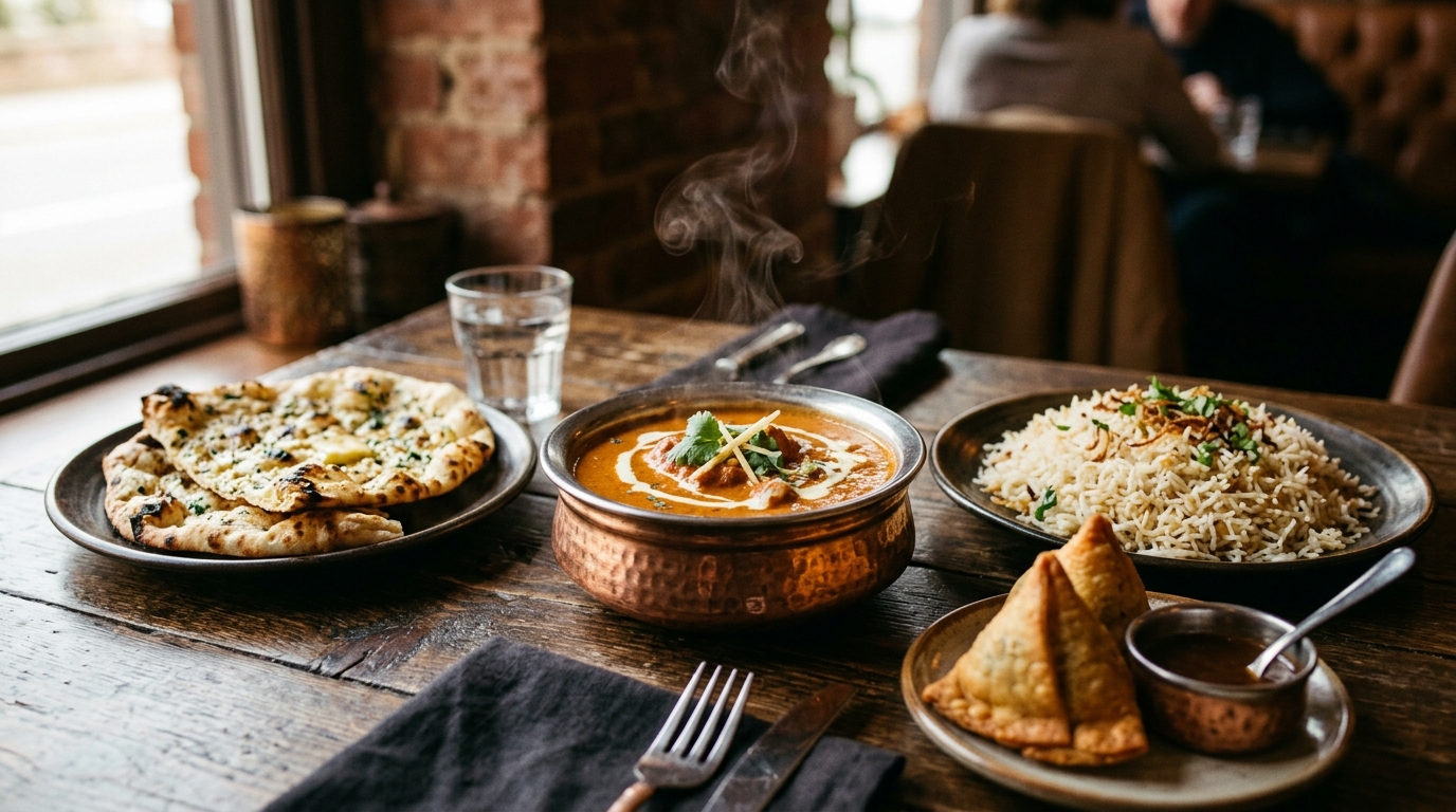 Indisk takeaway fra Inder'n i Kastrup — butter chicken, garlic naan, basmati ris og samosa serveret på et mørkt træbord, klar til levering i Sundby på Amager