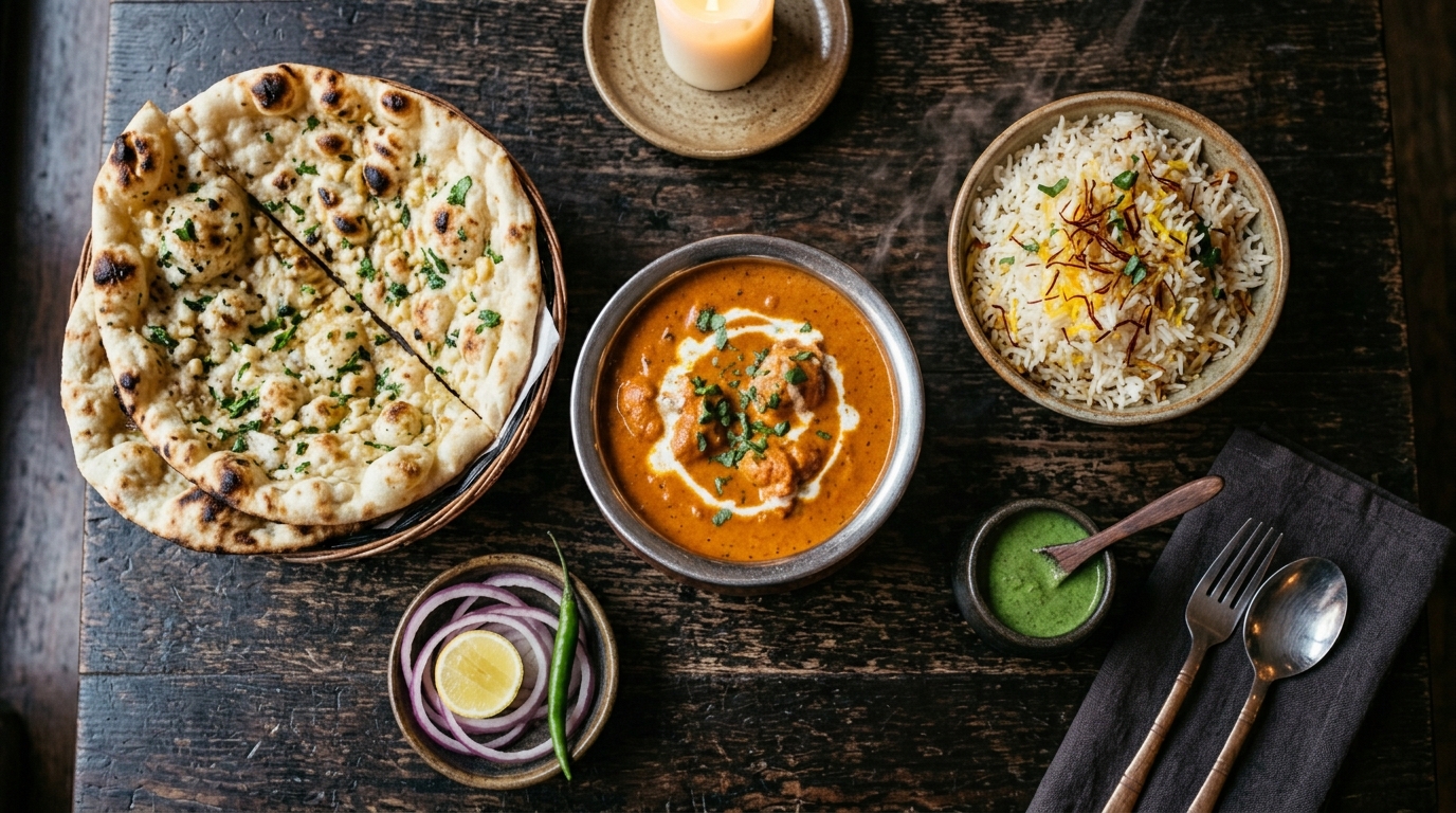 Indisk takeaway med butter chicken, garlic naan og basmati ris serveret i Kastrup, Tårnby