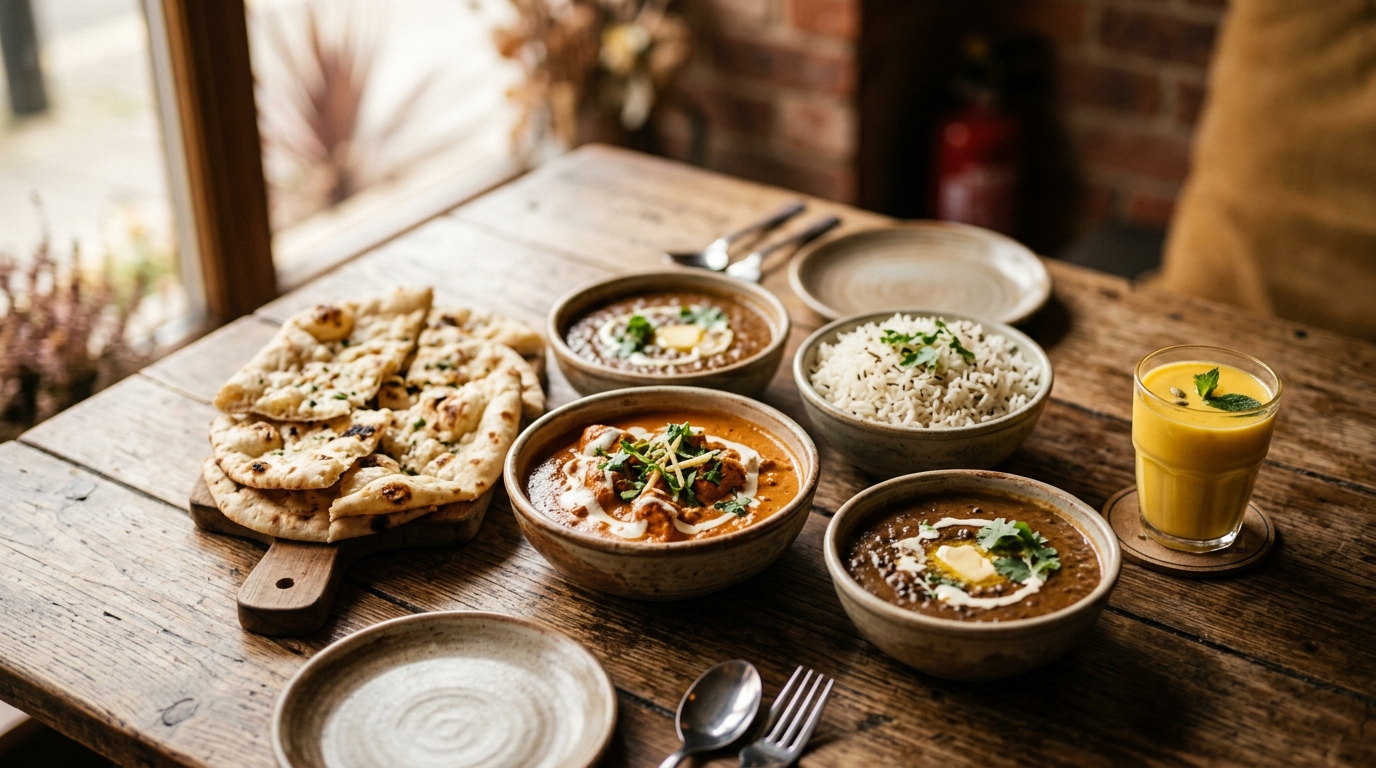 Familievenlig indisk takeaway fra Inder'n i Kastrup: mild butter chicken, daal makhani, basmati ris, blødt naan og mango lassi på et træbord