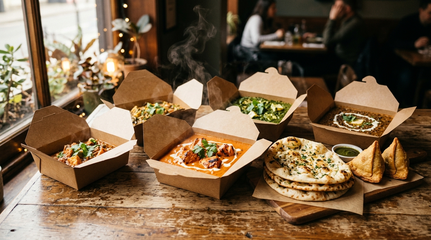 Indisk mad ud af huset i Kastrup — butter chicken, palak, dal makhani, naan og samosa pakket i takeawaybokse hos Inder'n